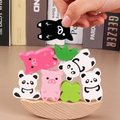 Wooden Panda Pig Animal Moon Blocks Stacking Balance Game Development Kids Toy