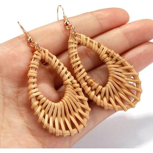 Lifefontier Korea Bamboo Wooden Straw Weave Rattan Knit Vine Geometric Oversize Water Drop Long Drop Earrings For Women Girl