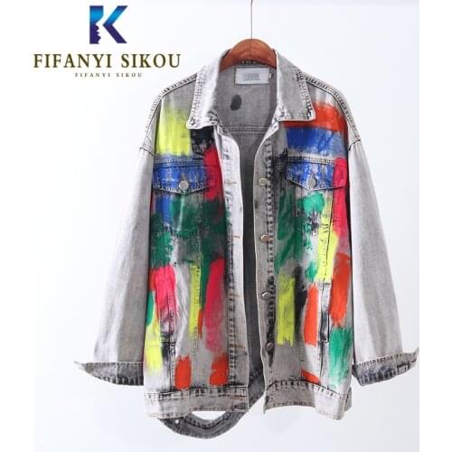 Jeans Jacket Women Streetwear Fashion Graffiti Painted Washed Denim Jacket Pocket Lapel Loose Jeans Coat Female Harajuku Jackets
