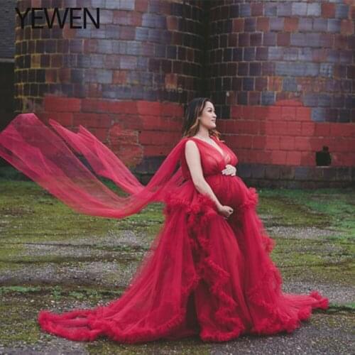 Elegant Long Cape Sleeves Tulle Evening Dresses Custom Made for Photo Shoot Women Maternity Dressing Gowns V Neck YEWEN