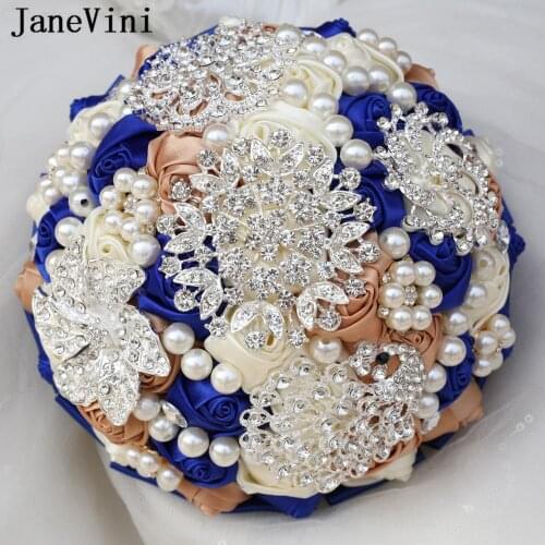JaneVini 2019 Luxury Rhinestone Crystal Wedding Bouquet Royal Blue Bridal Flower Artificial Satin Rose Bride Wedding Accessories