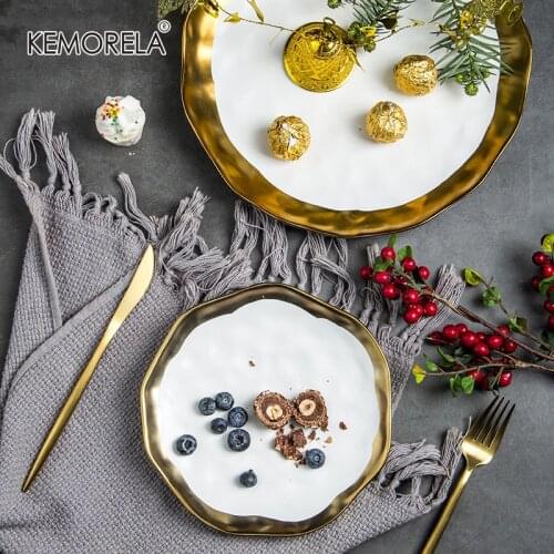 1PCS 8/10 inch Tableware Ceramic Dinner Plate Western Steak Plate Dish Gold Inlay Porcelain Dessert Plate Dinnerware Cake Plate