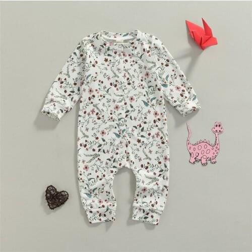 Newborn Baby Girls Floral Printed Romper, Long Sleeve Buttoned Round Neck Long Pants, Baby Spring Autumn Clothing, 0-18Months