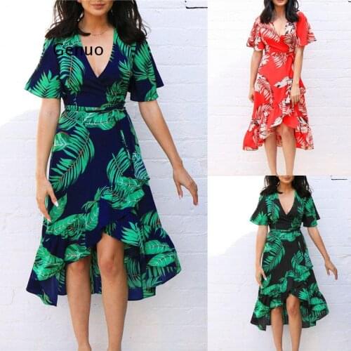 Summer Floral Print Beach Long Dress Women Sexy Deep V Neck Party Dress Short Sleeve Casual Boho Bandage Dress Vestidos