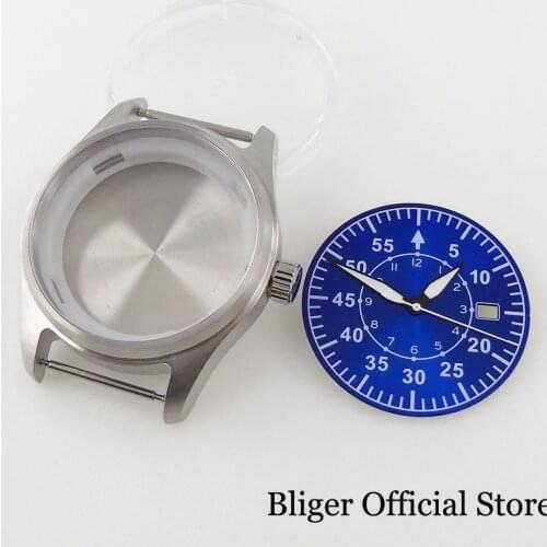 BLIGER Brushed Automatic Wristwatch Case fit NH35A NH36A Luminous Blue Dial Date Display Hand Set