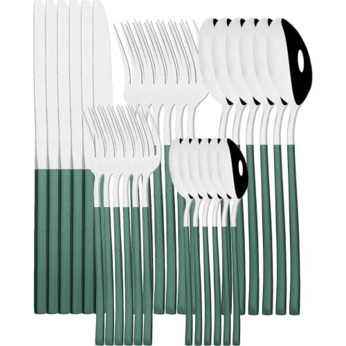 6/30Pcs Stainless Steel Dinnerware Set Green Silver Cutlery Set Western Knife Fork Spoon Tableware Kitchen Dinner Flatware Set