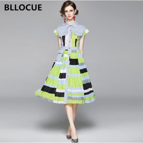 BLLOCUE 2020 Summer New Runway Designer Contrast Shirt Dress Womens Single-Brested Belted Splice Pleated Midi Dresses