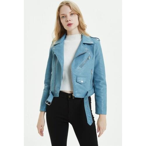 Spring women fashion slim water wash motorcycle style pu casual jacket female oblique zipper short design faux leather outerwear