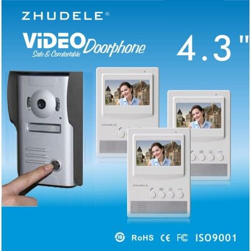 ZHUDELE Intercom System Doorbell 4.3 Inch Video Door Phone 700TLV HD Camera w/t Waterproof Cover in stock 1camera+3monitors