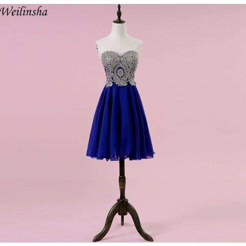 Weilinsha Short Royal Blue Evening Dress Sweetheart Sleeveless Gold Applique Evening Party Dresses Prom Gowns Lace-up Back