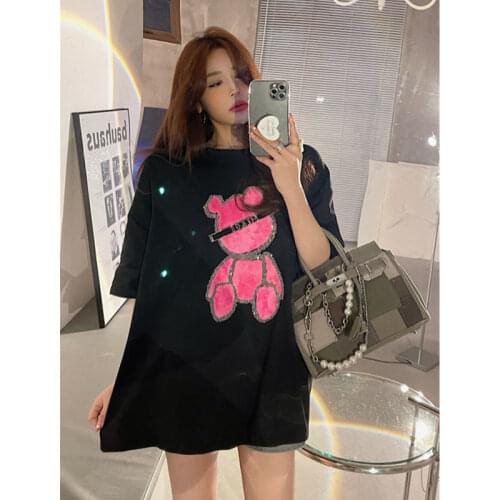 Diamonds Bear Cotton Short Sleeve T-shirt Womens Spring/Summer 2021 New Korean Style Loose Vintage Base Shirt Top