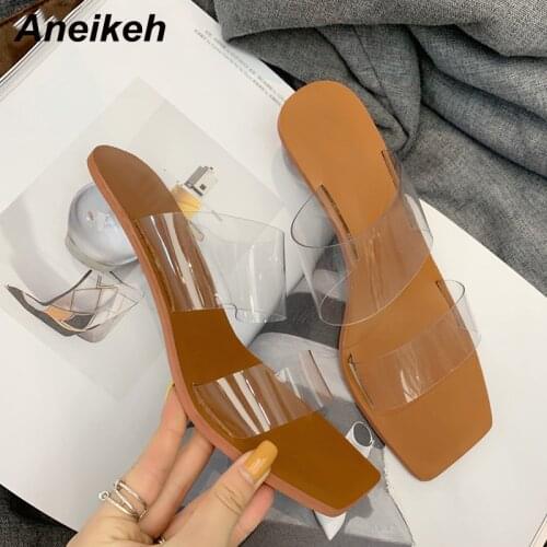 Aneikeh New PVC Transparent Slippers Open Toe Perspex Heel Women High Heel Crystal Womens Shoes Transparent Slippers Size 35-42