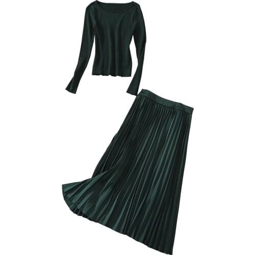 Fall Winter Fashion Womens Clothing 2pcs Set Ladies Outfit o-Neck Long Sleeve Knitted Sweater + Pleated Maxi Skirt
