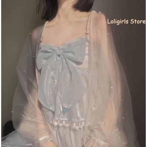 Women Sun protection Clothing Coat Female Summer Super fairy Pearl Cardigan Thin Shawl Nets yarn Lolita Transparent Jacket Tops