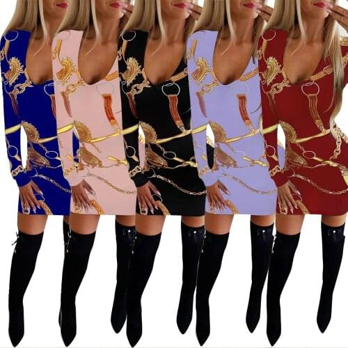 Printed Women Bodycon Sexy Low Cut Long Sleeeve Ladies Pencil Dress 2021 Autumn Fashion Hot Sale Female Clothing