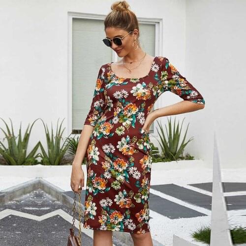 Floral Print Square Collar High Waist Sexy Ladies Dress Spring Summer Casual Womens New Fashion 2021 Chic Female Dress