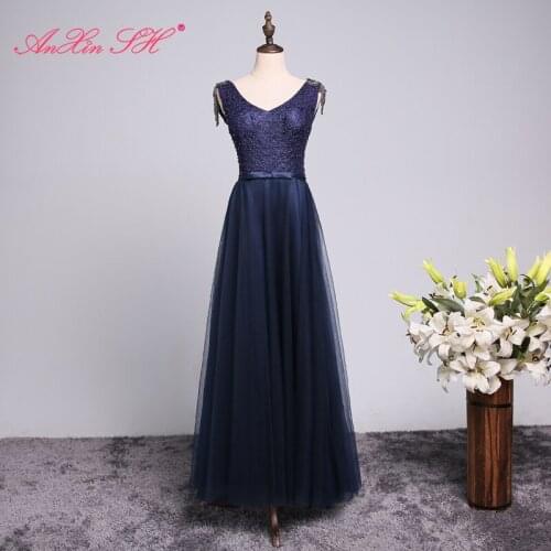 AXJFU Princess navy blue lace evening dress vintage v neck navy blue lace bow beading colored beads evening dress size 12