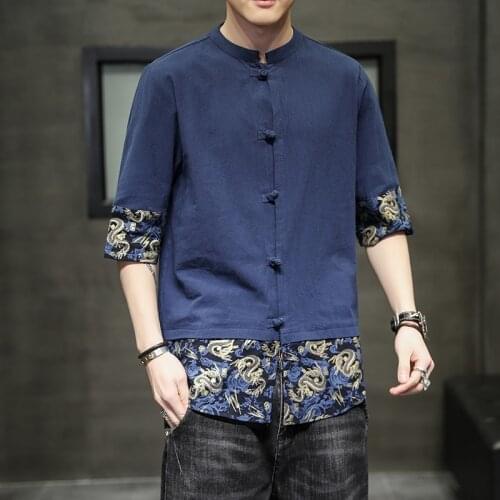 2021 Summer Flax Mandarin Collar Blouse Traditional Chinese Style Shirts with Dragon Printed Tangzhuang Dress Vintage Red Tops