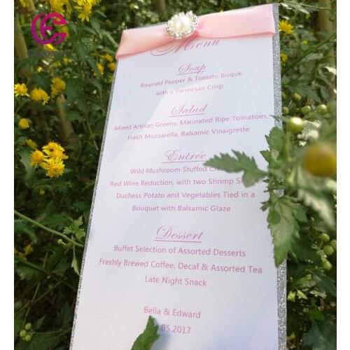 30pcs/lot Personalized menu two layers menu handmade Silver glitter with pink ribbon and brooch decoration whole set available