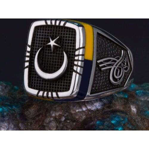925 Sterling Silver Crescent Star and Ottoman Tughra Mens Ring with Yellow Navy Blue Stone Moon Star Silver Ring for men
