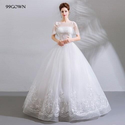 99GOWN Luxury Satin Wedding Dress Simple Bridal Wedding Ball Gown 2019 Embroidery Flare Sleeve A-Line Wedding Dresses