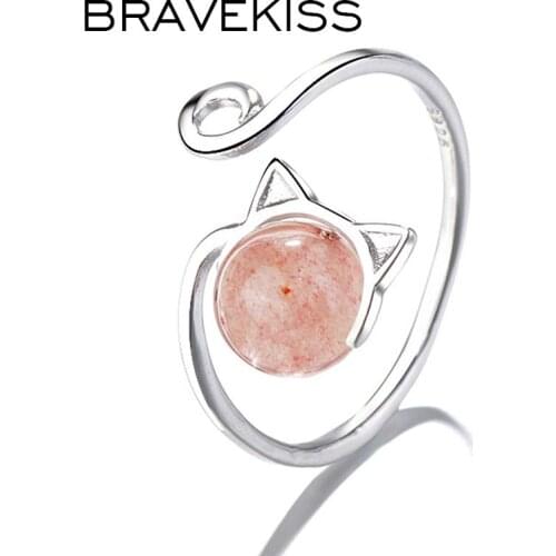 BEAVEKISS Korean Cat Ear Pink Strawberry Crystal Moonstone Rings for Women Adjustable Open Ring 2019 Jewelry Gifts bague BUR0451