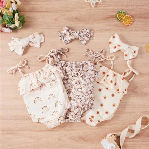 0-24M Summer Newborn Infant Baby Girls Bodysuits Sleeveless Bandage Ruffles Floral Print Bodysuits Playsuits Headband Outfits