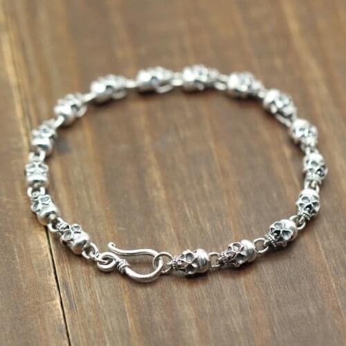 925 Sterling silver color skeleton skull chain&link Bracelets for Men Women Real Pure Silver Punk Vintage Skull Bracelet Jewelry