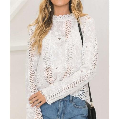 Elegant Women Blouses Shirts Autumn Long Sleeve White Lace Hollow Turtleneck Blouse Tops Female Female Shirts blusa mujer