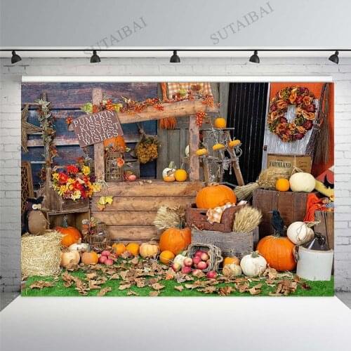 Fall Photo Backdrop Rural Farm Wooden Warehouse Haystack Pumpkin Autumn Maples Baby Shower Photography Background Photo Studio
