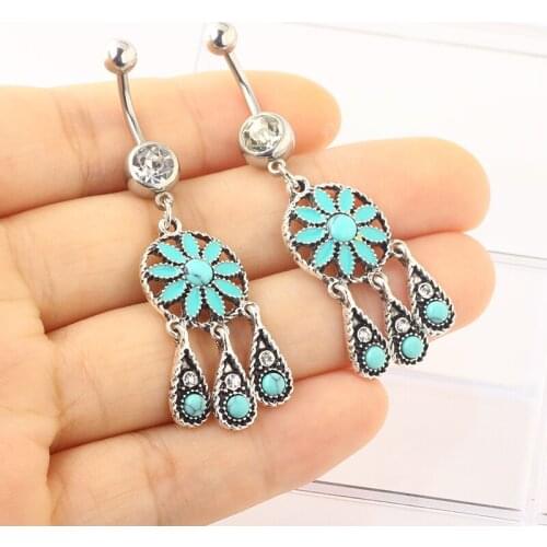 Blue Flower Belly Button Ring Body Piercing Jewelry Navel Piercing Silver Color umbilicus piecing Wholesales Drop Shipping