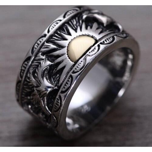 S925 Sterling Silver Wholesale Vintage Mens Ring Indian Eagle Wings Sun Totem Seiko Thai Silver