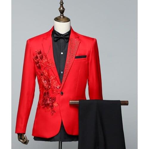 Chorus red Sequins wedding suits men blazer boys prom mariage suits mens fashion slim masculino latest coat pant designs singer