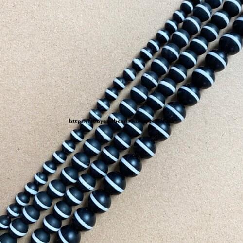 Synthetic Stone Matte White Line Painted Black Onyx Agate Round Loose Beads 15" Strand 6 8 10 12MM Pick Size For Jewelry Making