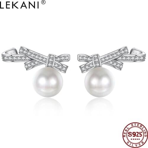 LEKANI Pearl Earrings For Women 925 Sterling Silver Bowknot Stud Earrings 5A+ Cubic Zirconia Elegant Female Fine Jewelry Best