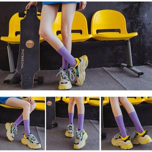 1 Pair Of Simple Womens Harajuku Retro Color Solid Socks Candy Girl Fashion Versatile Breathable Sweat Absorbing Cotton Socks
