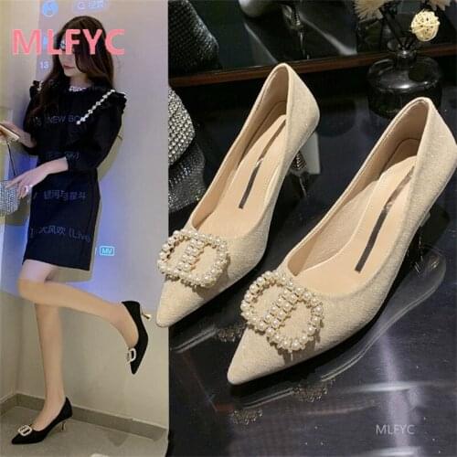 Small high heels womens 2021 new autumn net red wild square buckle rhinestone pointed stiletto shallow mouth single shoes