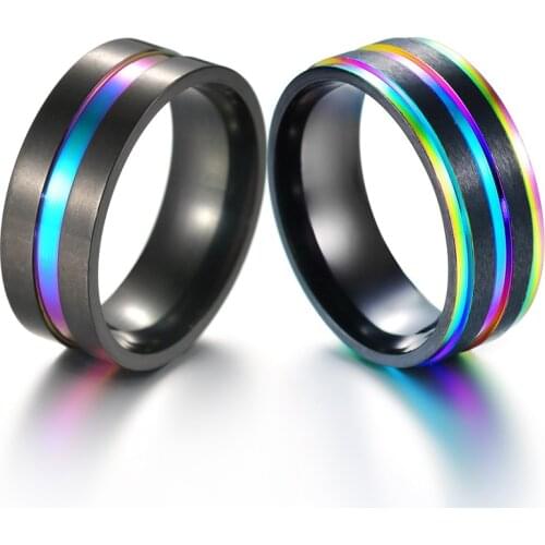 Mens 2 Color Frosted Stainless Steel Wedding Rings Fashion Retro Colorful Rock Punk Rainbow Line Classic Jewelry Party Gift