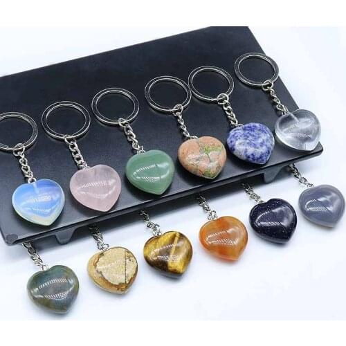 Wholesale 6pcs/Lot Natural Stone Crystal Keychains Handbag Purse Holder Lovely Heart Dangle Pendulum Agates Quartz Keyrings