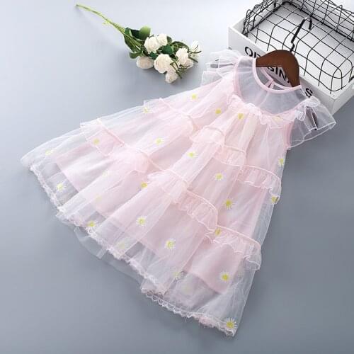 3-7 Years High Quality Summer Girl Dress 2021 New Lace Chiffon Solid Draped Ruched Kid Children Clothing Girl Princess Dresses