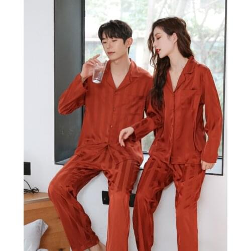 Couple 2PCS Striped Print Pajamas Set Spring Autumn New Loose Home Wear With Pocket Shirt&Pant Sleepwear Lounge Satin Nightwear