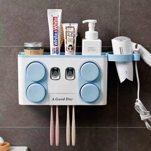 Toothbrush Toothpaste Holders With Cup Fully Automatic Toothpaste Dispenser Hole No Punching Toothbrush Bathroom Storage Shelf