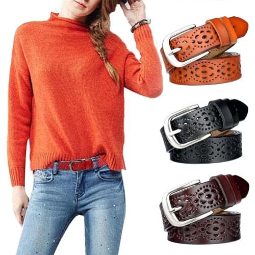 Stylish Women Solid Color Faux Leather Hollow Moon Pin Buckle Waist Belt Strap Cowgirl Waist Belt Metal Buckle Waistband