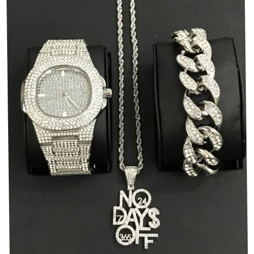 Luxury Men Watch & Bracelet & Necklace Combo Set No Day Off Pendant Ice Out Cuban Watch Crystal Miami Neckalce Hip Hop For Men