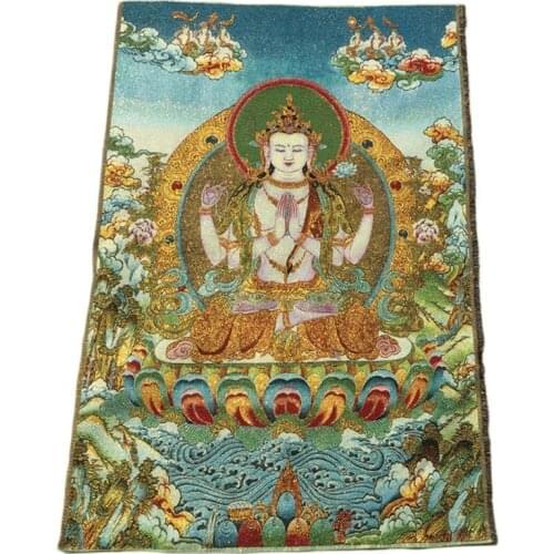 Tibetan Buddha Silk Embroidery Nepalese Gold Silk Old Thangka Image Weaving Embroidery Four-arm Guanyin Bhangka
