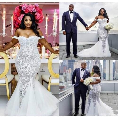 Mermaid Wedding Dresses Modest Plus Size Off Shoulder Bridal Gowns Sweep Train Tulle Lace African Wedding Dress Custom Made