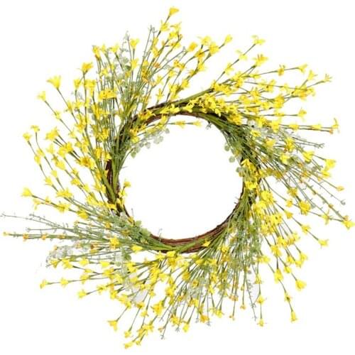 Artificial Flower Wreath, Yellow Flower Front Door Wreath Winter Jasminum Wreath for Wedding, Parties, Home Wall Decor