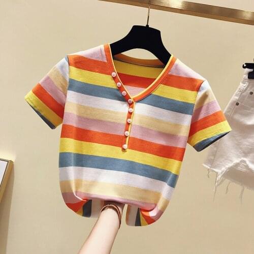 Rainbow stripe T Shirt Summer v-neck Women Short Sleeve Leisure Top Tee Casual Ladies Female T Shirts Woman Clothing tops