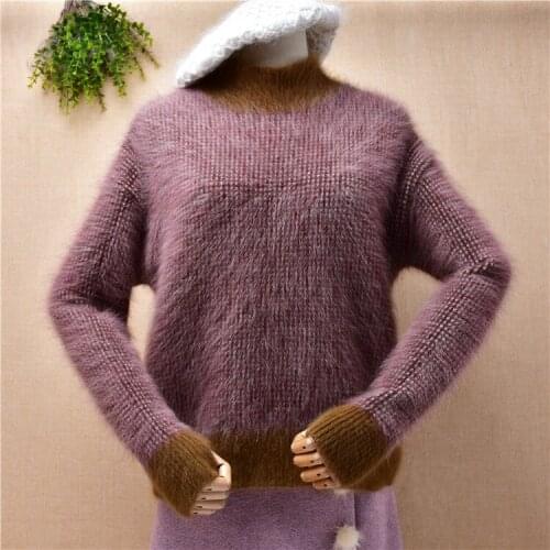 Ladies women autumn winter clothing hairy angora rabbit hair knitted colored long sleeves loose pullover mink fur jumper sweater