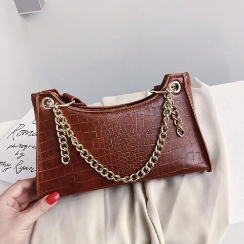 Stone Pattern Armpit Bag for Women PU Leather Baguette Bag Womens Handbag Vintage Chain Tote Shoulder Crossbody Bags